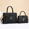 Elegant black leather handbag set with gold oval twist lock and woven texture detail - Two-Piece Set / Black