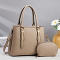 Chic beige lychee grain PU leather shoulder bag set with gold T-metal hardware and pouch - Khaki