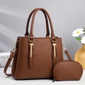 Brown litchi grain tote bag set with golden T-pendant and matching small coin purse - Khaki/Earth Yellow