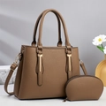 Brown lychee leather tote bag set with golden metal details and matching coin purse - Brown