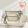 Beige woven texture crossbody bag with patterned wide strap and mini round pouch - Gray
