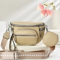 Beige faux crocodile leather crossbody bag with patterned wide strap on a stone base - Khaki