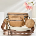 Detail of khaki crossbody bag with textured leather, wide patterned strap and coin purse - Khaki/Earth Yellow
