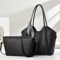 Minimalist black pebble leather tote bag set with decorative geometric print silk scarf - 2-Piece Tote Bag Set (With Scarf) / 41cmx14cmx28cm / Black