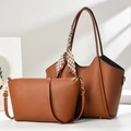 Brown faux leather tote bag set for women with silk scarf and matching small clutch - 2-Piece Tote Bag Set (With Scarf) / 41cmx14cmx28cm / Earthy Yellow