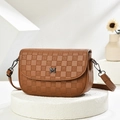 Detail of brown plaid crossbody bag with metal M logo and adjustable shoulder strap - Earthy Yellow