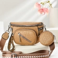 Khaki woven crossbody bag set with small round coin purse and adjustable wide strap - Khaki/Earth Yellow