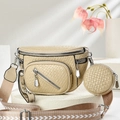 Chic beige textured crossbody bag with matching round coin purse and wide strap - Khaki