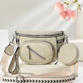 Detail of cream textured crescent bag with small round coin purse and stud canvas strap - Gray