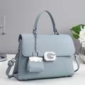 Detail der nebelblauen Ledertasche mit Kristall G-Schnalle und Mini-Anhänger - Blau