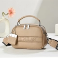 Khaki soft leather crossbody boston bag with woven strap and mini pendant charm - Khaki