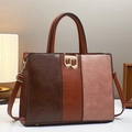 Three-color patchwork tote bag for women with gold B-buckle and adjustable strap - Khaki/Earth Yellow