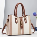 Elegante borsa a mano da donna in tela e pelle bicolore con chiusura dorata - Bianco Sporco