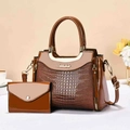 Brown crocodile embossed tote bag set with gold metal handles and long shoulder strap - Earthy Yellow