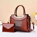 Burgundy faux crocodile leather handbag set with gold handles and matching envelope clutch - Burgundy