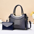 Dark blue crocodile embossed tote bag and matching wallet set with shiny finish - Blue