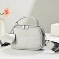 Light grey pebble leather crossbody bag with RUPHLAS embroidery and patterned wide strap - Gray