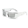 Futuristic wraparound silver sunglasses with gray lenses in 45-degree side view angle - Electroplated Silver Frame Silver Lens