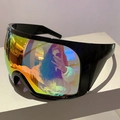 Futuristic Y2K wrap-around sunglasses with large rainbow gradient mirrored lenses - Black Frame Colorful Mirror Lens