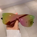 Gafas de sol tipo escudo sin montura de moda con lentes de espejo degradado rosa-dorado - Marco Negro Espejo Rosa