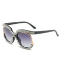 Oversized rhinestone sunglasses with black gold frame and purple gradient lenses - Black Frame Double Gray Lens