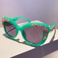 Retro cat-eye sunglasses in bright green with 3D pink floral and gold leaf embellishments - Green Frame Grey