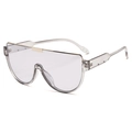 Details der transparenten grauen Oversize-Sonnenbrille mit goldener Metallleiste - Durchscheinender grauer Rahmen Graues Glas