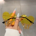 Unique heart-shaped sunglasses with yellow lenses and flowing gold rhinestone accents - Yellow Lens Yellow Rhinestone