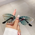 Frameless cat-eye sunglasses with gradient green lenses and sparkly rhinestone edges - Gradient Green