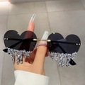 Heart-shaped rimless sunglasses with black lenses and sparkling silver dripping rhinestones - Black Lens White Rhinestone