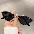 Chic black cat eye sunglasses with diamond trim and golden accents for women - Black Gray