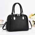 Black litchi pattern tote bag with dual zippers and adjustable shoulder strap for women - Black