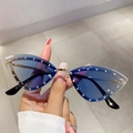 Stylish rimless cat-eye sunglasses featuring gradient blue lenses and rhinestone decor. - Gradient Blue Lens
