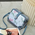 Floral print crossbody bag in light blue-grey with three zipper compartments and leather strap - Sky Blue