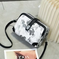 Detail of multi-layer silver zippers on white ink floral print crossbody bag - Black