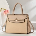 Elegant beige woven leather handbag with gold twist lock and adjustable shoulder strap - Khaki