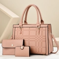 Three-piece pink lychee pattern tote bag set with geometric embossed faux leather finish - Pink