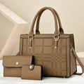 Three-piece brown pebble leather tote bag set with textured checkered pattern and gold hardware - Brown