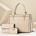 Set da tre pezzi borsa tote bianco crema con portafoglio e porta carte abbinati - Bianco Sporco