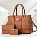 Caramel leather tote bag 3-piece set with embossed texture and gold logo detail - Khaki/Earth Yellow