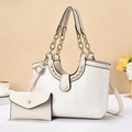 Elegant white snakeskin pattern tote bag set with gold chain handle and matching pouch - Off-white