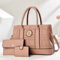 Three-piece litchi pattern tote set with embossed check and golden G metal logo - Pink
