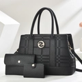 Three-piece black lychee pattern handbag set with quilted texture and gold hardware details - Black