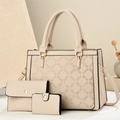 Beiges 3-teiliges Handtaschen-Set aus Leder mit Rautensteppung und Lychee-Muster - Gebrochenes Weiß