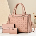 Three-piece rose pink handbag set with quilted texture including large tote and clutch - Pink