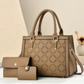 Brown 3-piece bag set with tote, wallet and pouch featuring quilted geometric pattern - Brown