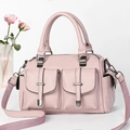 Pink lychee texture handbag with multi-pocket design and wide woven shoulder strap - Pink