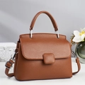 Brown litchi grain leather trapezoid handbag with top handle and silver hardware - Khaki/Earth Yellow