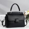 Chic black litchi grain leather crossbody bag with top handle and silver hardware - Black