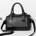 Minimalist black lychee leather large shoulder bag with sturdy handles and wide strap - Black